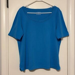 Talbots Women's Plus Classic Scoop Neck Talbots Tee Shirt Top 1X Blue Curved Hem